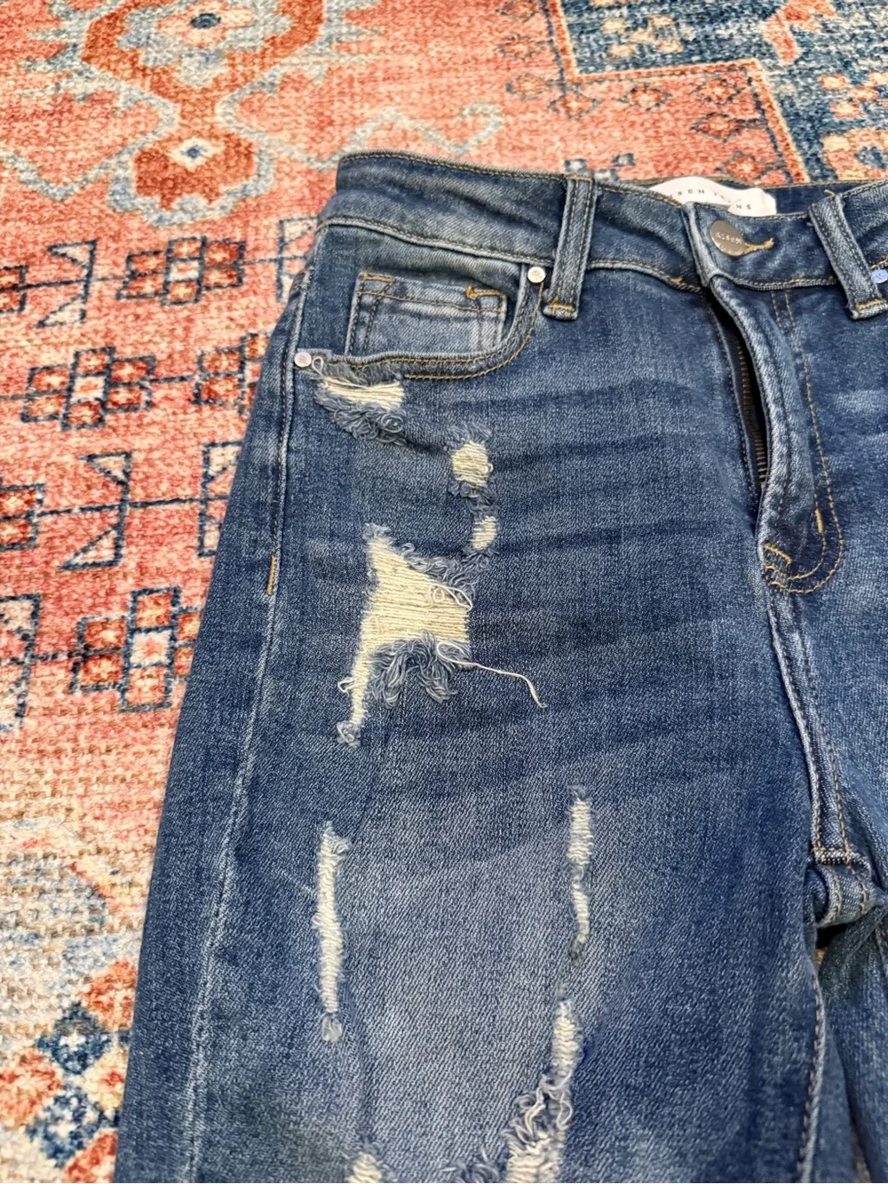 Women's Distressed Dark Blue Flare Jeans